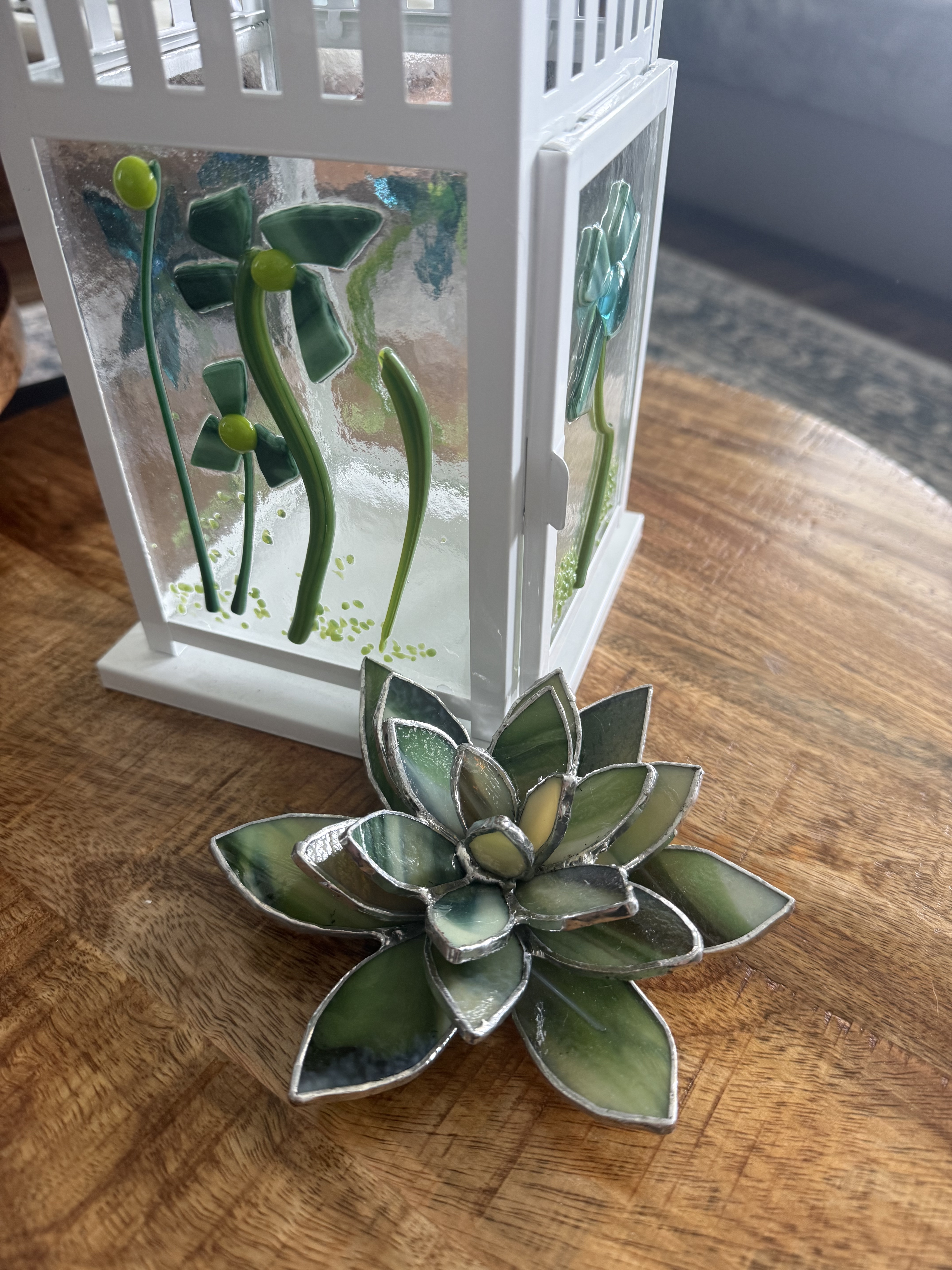Fused glass lantern and copper foil succulent